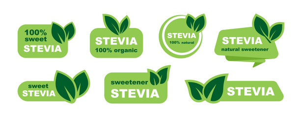 Stevia label set. Stevia sweetener. Sugar substitute. 100% natural stevia. Eco, organic and bio icon. Vector illustration.