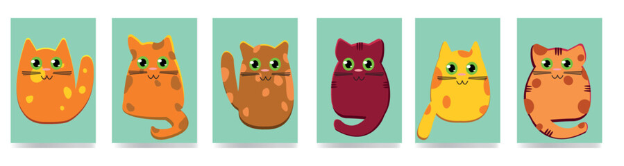 Set of red cartoon cats. Hand drawn  illustration. Set red cats.Is perfect for use in greetings cards, stationery, stickers, packaging. Red cartoon cat. Cute red cat. Cute ginger cat. Vector cartoon.
