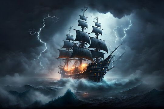 Sailing old ship in storm sea on the background clouds with lightning. Neural network AI generated art