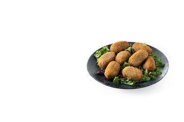 Traditional spanish fried croquettes isolated on white background. Copy space