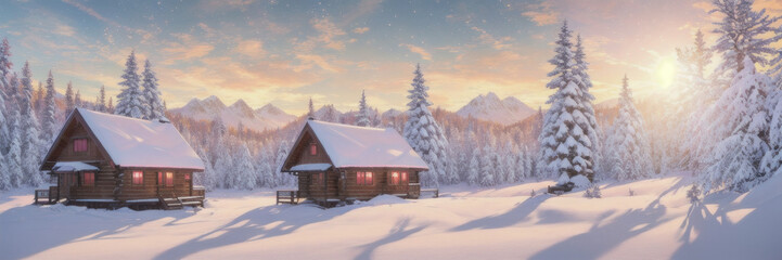 Fototapeta na wymiar Generative AI, Beautiful dreamy snowy scenery of houses near lakes in the golden hour. Trees covered in snow with atmospheric light with light clouds.