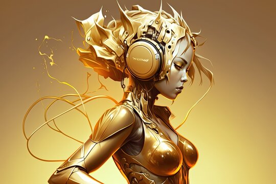 Illustration of a female humanoid robot with headphones enjoying and feeling the music on a gold background. Generative AI