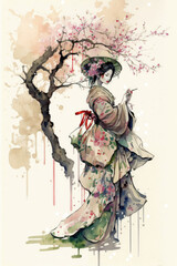 Japanese geisha under a cherry tree - watercolour painting created using generative AI tools.