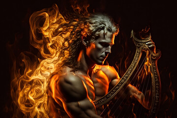 Beautiful Greek god plays the harp against the background of fire. Neural network AI generated - obrazy, fototapety, plakaty