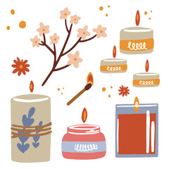 Various candles. Different shapes and sizes. A pillar, a candle in a jar, a square, a candle in a container, a lot of wicks. Decorative wax candles for relaxation and spa.