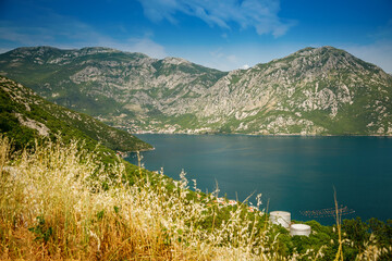 Fototapeta na wymiar Beautiful view from the observation point in the mountain road in Bay of Kotor