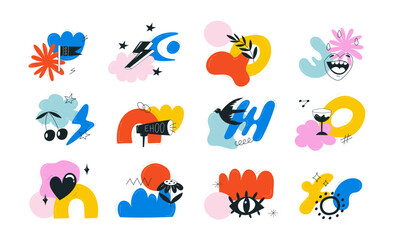 Big Set of hand drawn various colorful Shapes, doodle objects and creatures. Abstract contemporary modern trendy Vector illustrations. All elements are isolated.