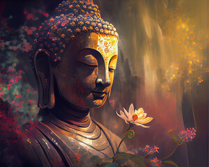 Buddha statue with flowers. AI generative - 578322561