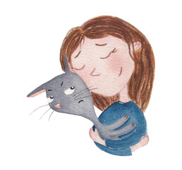 Beautiful girl with a grey cat. Watercolour illustration 