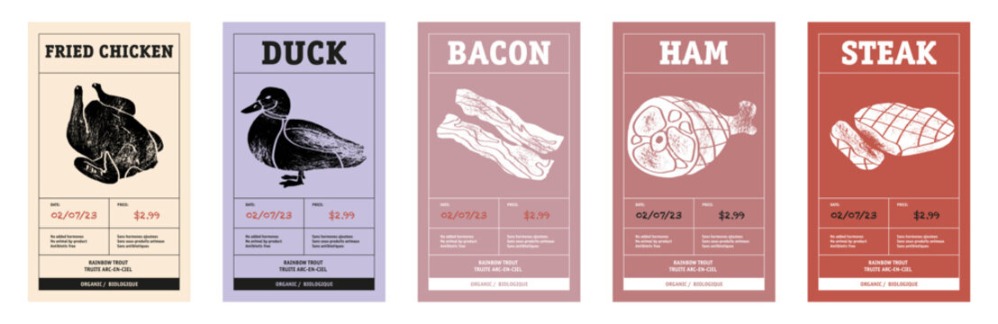 Modern typography banner, hand drawn fried chicken, duck, bacon, ham, steak. Meat abstract vector packaging labels design set. Color paper background layouts collection Isolated.