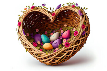 Fototapeta na wymiar Easter eggs in basket with tulips and blank frame. Generative Ai