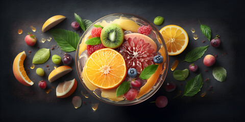 Fruit fresh mixed tropical fruit salad. Bowl of healthy fresh fruit salad - died and fitness concept. Fruit salad, top view on dark stone background with copy space. Created with Generative AI