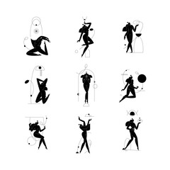 Contemporary woman silhouette vector illustration set. Nude female body, abstract pose, feminine figure composition with geometric shapes. Self care, body beauty concept pack for branding. Modern art