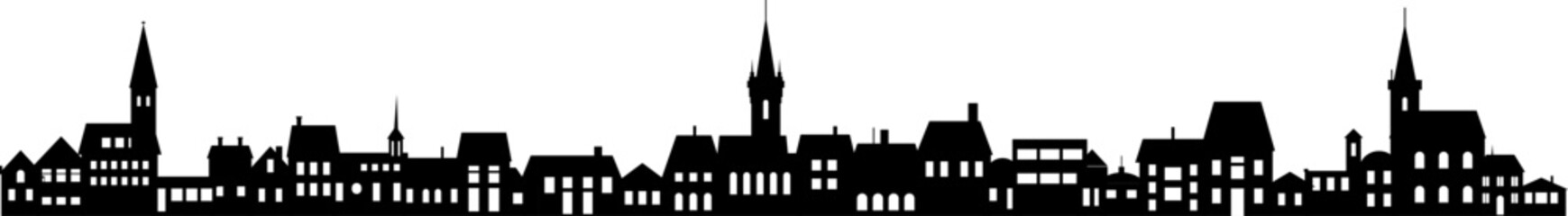 Town skyline silhouette. Small city houses, factory buildings, old church roofs, simple residental neighborhood vector flat scene.