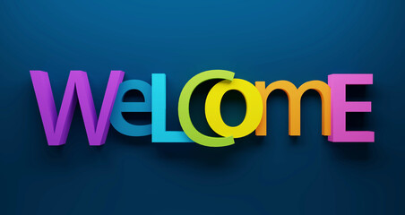 3D render of rainbow-colored WELCOME typography on dark blue background
