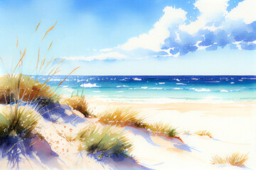 Beautiful sandy beach and blue sky. Watercolor illustration. Generative AI - obrazy, fototapety, plakaty