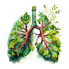 Human lung made of leaves. Watercolor illustration. Generative AI - 578325133