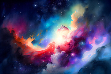 Obraz na płótnie Canvas Abstract cosmic background. Watercolor illustration. Generative AI