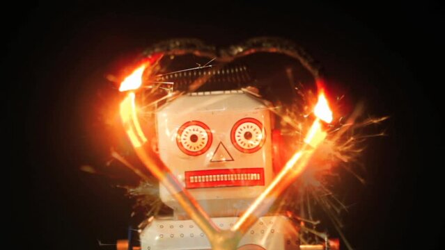 retro robot with a love heart sparkler loop 