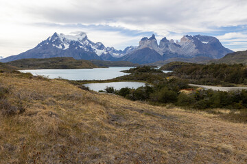 Lake and snowy mountains of Torres del Paine National Park in Chile, Patagonia, South America