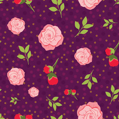Fototapeta na wymiar Roses floral seamless vector pattern design on purple background
