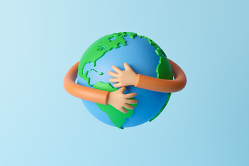 Happy Earth Day, 3d cartoon hands hug planet Earth. Concept of World Environment Day, Save the Earth, Protect environmental and eco green life, ecology and nature protect, 3d rendering illustration
