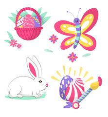 Flat Hand Drawn Colorful Easter Holiday Celebration Elements Collection