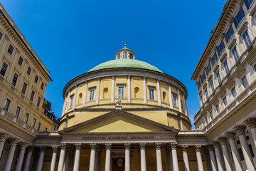 Fototapeta na wymiar Milan, Italy San Carlo al Corso facade. Entrance of neo-classical rotonda Roman Catholic church in Milano.