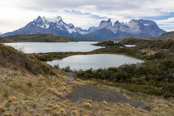 Naklejka na ściany i meble Lake and snowy mountains of Torres del Paine National Park in Chile, Patagonia, South America