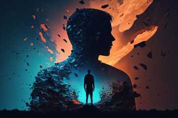 Fantasy, dreams, mental health, psychology concept. Silhouette of man on background of profile of head, consciousness. generative ai illustration - obrazy, fototapety, plakaty