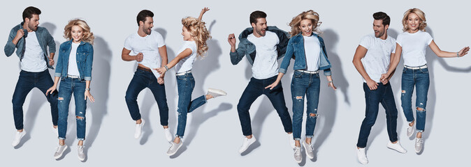Collage of fashionable young couple jumping and smiling against grey background