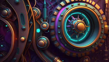 Colorful steampunk technology background. Generative AI