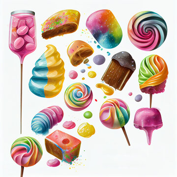 Watercolor colorful candy clip art set isolated on white background with copy space. Sweet food collection. Generative AI