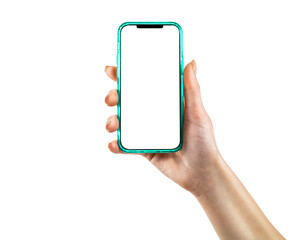 Smartphone GPS navigator in hand, on transparent background.	