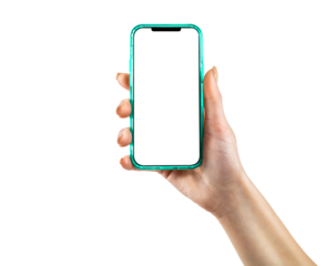 Smartphone GPS navigator in hand, on transparent background.	