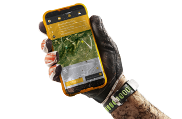 Sport, tourism. Smartphone GPS navigator in hand, on transparent background.	