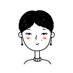 Cute portrait of young woman isolated on white background. Cartoon character. Vector hand-drawn illustration in doodle style. Perfect for social media, avatars, logo, various designs.