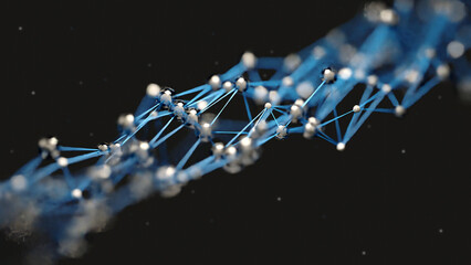 Abstract geometric background connecting glass sphere or dots as plexus in blue against a dark background