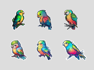 Obraz premium Stickers set of Parrots. Set of cute cartoon tropical birds stickers. Colorful, simple design, vector, sticker, sketch set on white background. Set of patches for clothing. Badges in retro style.