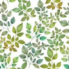 Spring green leaves seamless pattern isolated on white. Watercolor botanical illustration. Fresh vibrant foliage. Summer greenery background. Romantic leafy repeated print
