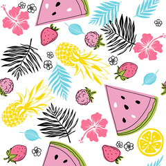 Seamless simple fruits, berries and simple flowers and leaves. Bright summer illustration isolated on white background