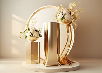 Elegant Modern and luxury gold colored round shiny pedestal steel podium and flower bouquet in sunlight in white cream wall for product display background