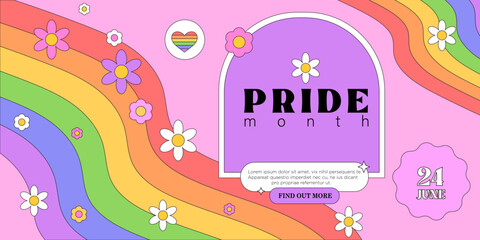 Lgbtq or pride month or day cute web banner, landing page, greeting post card, placard, flyer or poster with trendy groovy elements and arch frame for text or photo. Event invitation in 90s style.