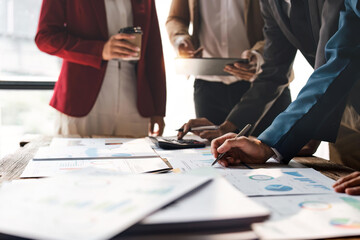 Business team meeting to conference, collaboration discussing working analyzing with financial data and marketing plan strategy project.