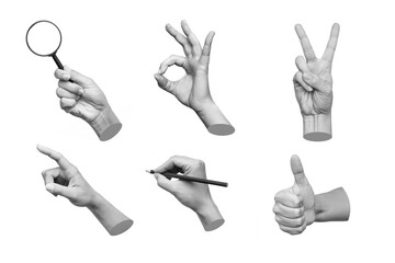 Set of 3d hands showing gestures such as ok, peace, thumb up, point to object, holding a magnifying glass, writing isolated on white background. Contemporary art in magazine style. Modern design - obrazy, fototapety, plakaty