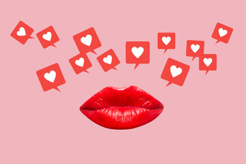 Kissing woman's red lips and like symbols from social networks isolated on pink color background....