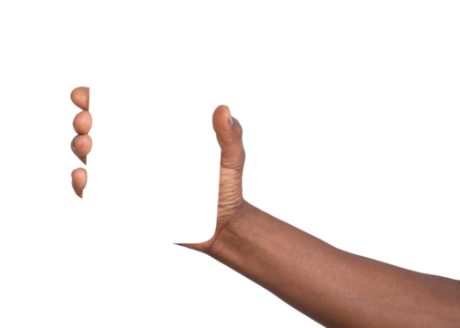 Hand holding a big virtual object such as phone, tablet or a card isolated on white or transparent background