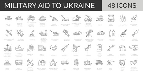 Plakat Set of 48 line icons related to military aid to Ukraine. Support, help to ukrainian army. Collection of outline icons. Editable stroke. Vector illustration.