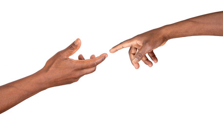 Hands reaching out to touch, give or help. Two male hands trying to touch like in the creation of Adam isolated on white or transparent background