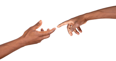 Hands reaching out to touch, give or help. Two male hands trying to touch like in the creation of Adam isolated on white or transparent background